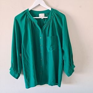 Greylin Green 100% Silk High Neck Open Top Raglan Sleeve Button Down Blouse